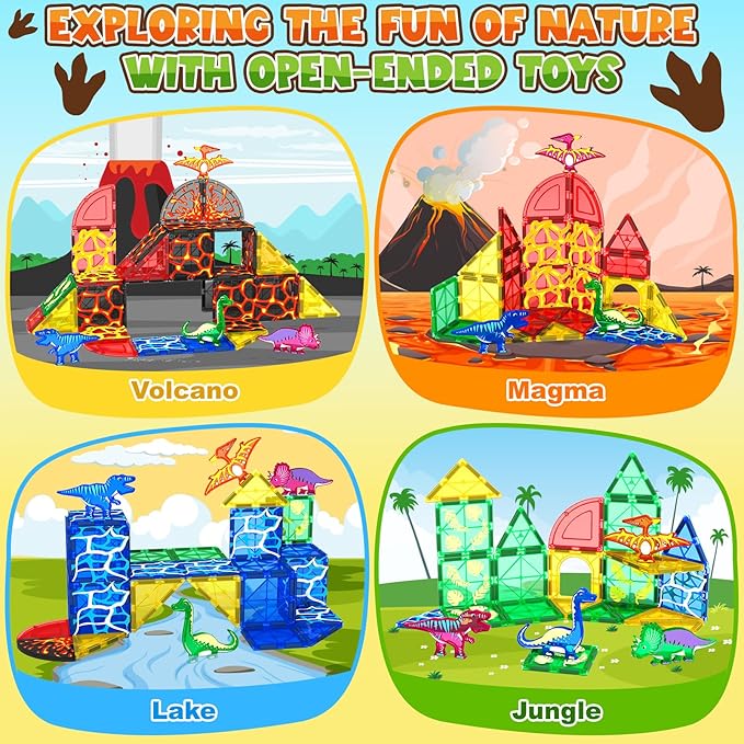 Dinosaur Toys Magnetic Tiles Lava Dinosaur World Set - Magnetic Blocks Building for Kids 3-5 5-7 Girls Boys Toy Age 4-6 6-8, Classroom Must Haves Toddler Sensory for 3+ Year Old Kids Toys