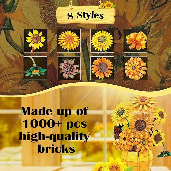 Sunflower Building Set Flowers with Vase for Adult, Compatible with Lego Flowers, 1009pcs Art Bonsai Botanical Collection for Home/Office Decor, Gifts for Mother's Day and Valentine's Day