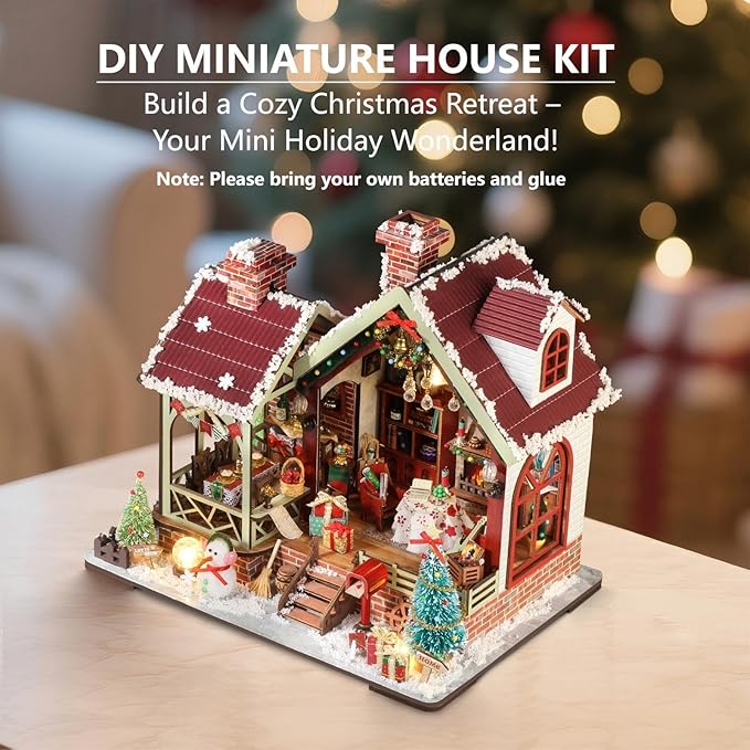 OZJAY Miniature House Kit, Mini House Building Kit with Furniture, DIY Miniature Kit for Adults Teen, Dollhouse Kit for Birthday Christmas, Warm Christmas Lodge
