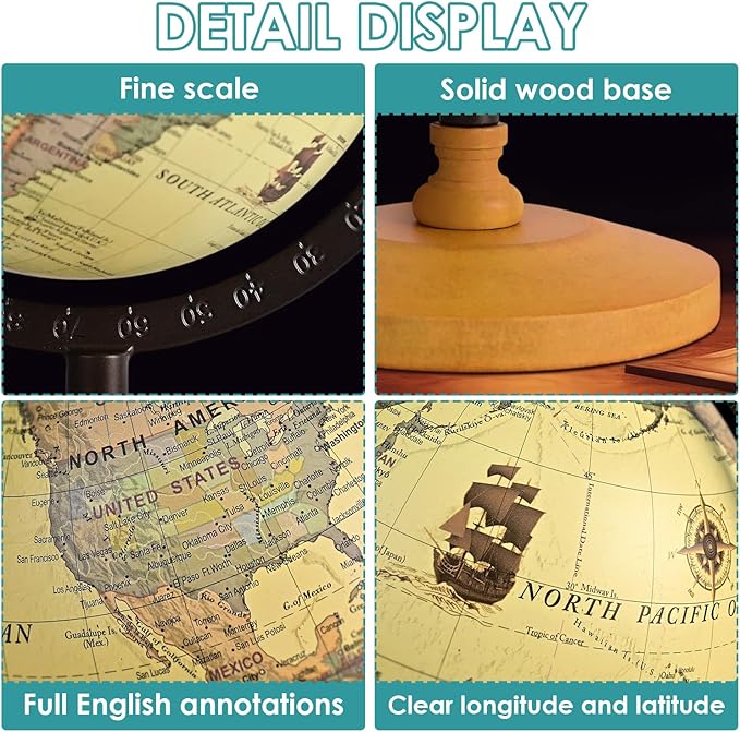 Vintage Mini World Globe for Adults Kids,Dia 5.5" with Wooden Stand Metal Frame,Antique Color Decorative Desktop Globe for Home Office Decor,Educational Geographic Globe for Kids Learning