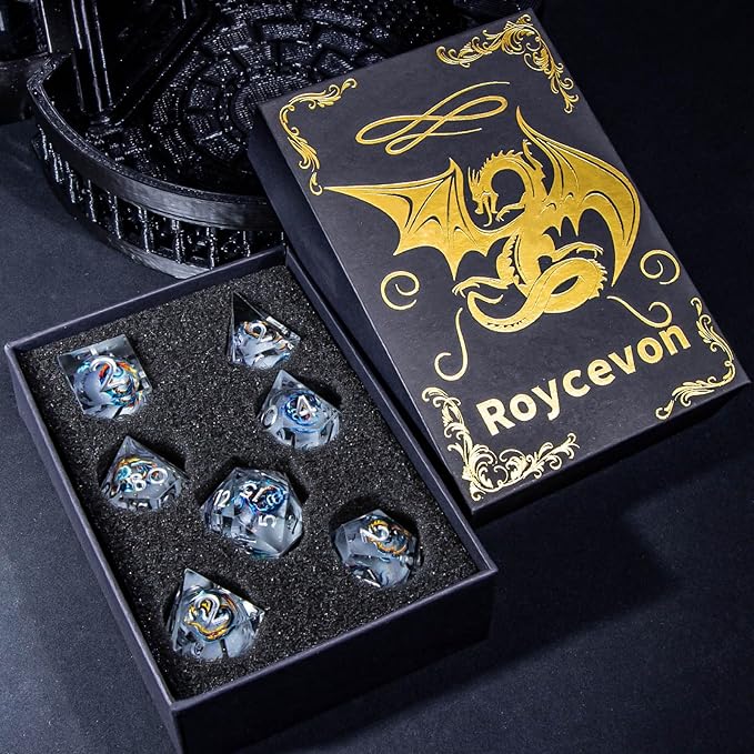 Dragon Pattern Liquid Core DND Dice Set, 7Pcs Sharp Edge D&D Dice with Gift Box, White Resin Dungeons Dragons D and D Role Playing Dice D20 D12 D10 D8 D6 D4
