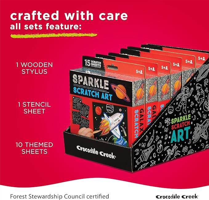 Crocodile Creek Dinosaurs Sparkle Scratch Art for Kids - 16-Sheet Scratch Art Set with 10 Themed Sheets, 5 Blank Sheets, Stencil, and Stylus - Thoughtful Stocking Stuffer, Gifts, Art Supplies for Kids