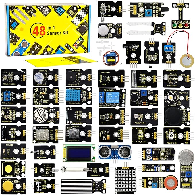 KEYESTUDIO 48 Sensors Modules Starter Kit for Arduino with LCD, 5v Relay, Sound, LED Modules, Servo Motor, Motion, Pressure Sensor, Gas Sensor, etc.Programming for Beginners Adults Learning