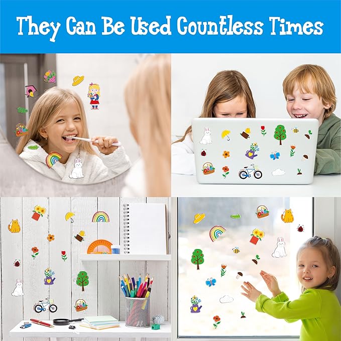 38PCS Reusable Jelly Stickers, Waterproof Spring-Theme Window Cling Stickers for Toddlers, Removable Easy to Clean Gel Decals for Kids, Adults, Home & Classroom Decors, Travel Toy (Not Edible)