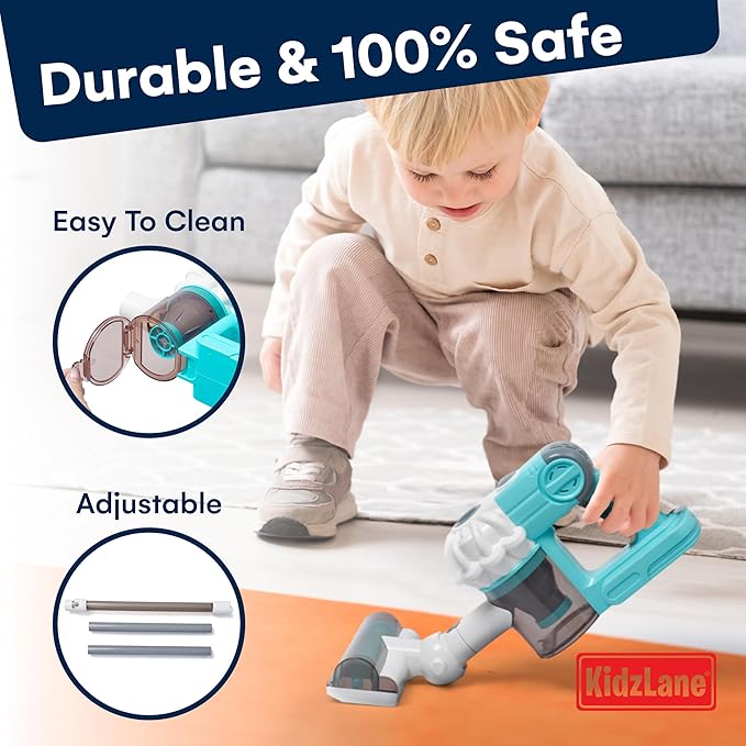 Kidzlane Toy Vacuum Cleaner for Toddlers – Real Working Kids Vacuum with Suction, Cordless Pretend Play Dyson-Style Vacuum Toy, Rechargeable, Multiple Cleaning Modes, Learning & Role-Play Fun