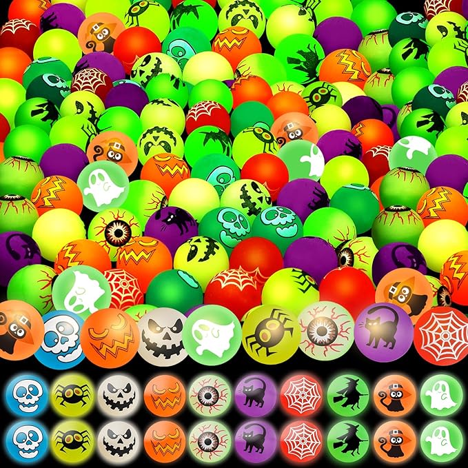 200 Pcs Halloween Party Favors, Glow in The Dark Bouncy Balls 10 Halloween- Themed Designs, Halloween Party Favors Supplies Trick or Treating Goodies Bag Gifts Fillers, School Classroom Game Rewards