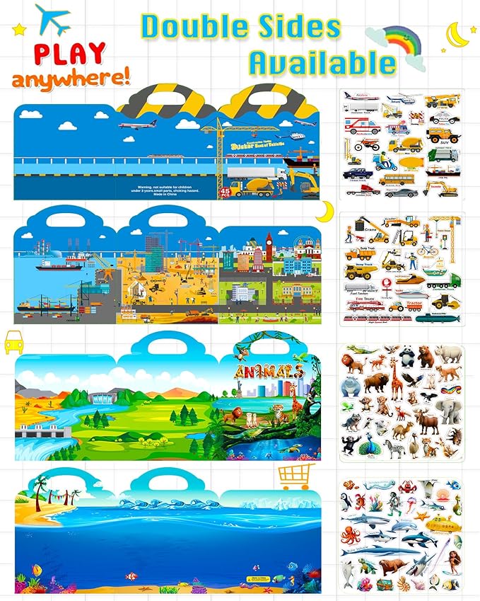2pack Reusable Sticker Books for Kids 2-4,Vehicle Cars & Animals 3D Jelly Stickers Activity Busy Book for Toddlers Boys Girls Road Trip Airplane Train Car Travel Essentials Toy - 112pcs Stickers