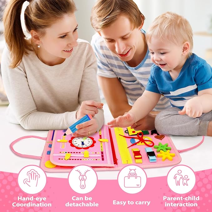 MAJAVI Busy Board Montessori Toys for 1 2 3 4 Year Old, Busy Book for Toddlers 1-3 Boys Girls Birthday Gifts, Sensory Educational Activities Travel Toys for Learning Fine Motor Skills, Pink-3 Pages