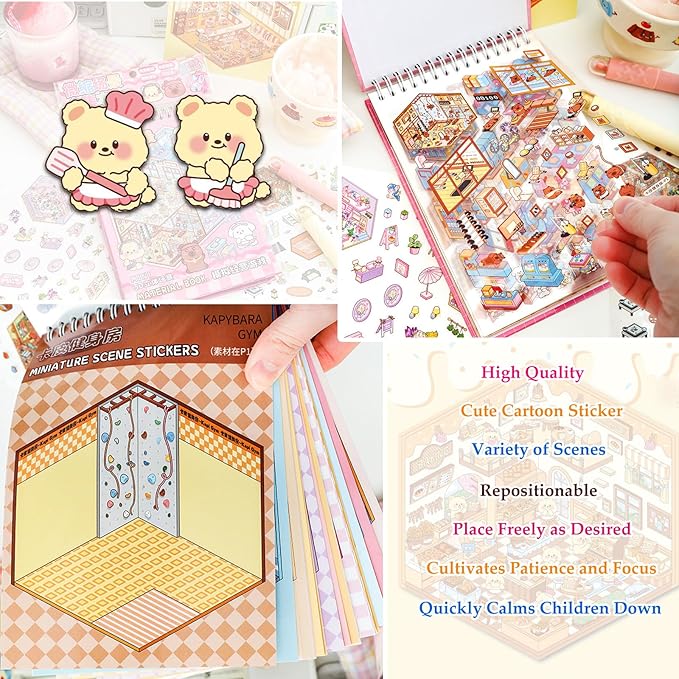 Scene Sticker Book for Kids, 20 Sets of 3D Sticker Scenes for Adults Fun Mini Cute Kawaii Stickers Therapy 3D Scenes 3D House Stickers Set Relief Stress Pass The Time