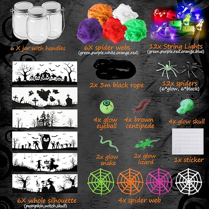 Halloween Crafts Activities for Kids Ages 4-12,6 Pack Glass Mason Jar for School Art Activities,Halloween's Craft Supplies,DIY Lantern Jar for Gifts Halloween Party Favors,Classroom Prizes