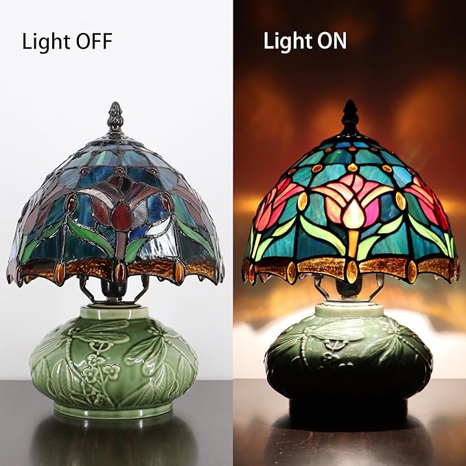 Small Tiffany Lamp Mushroom Table Lamp, Mini Stained Glass Desk Light Memory Sympathy Ceramic lamp 8X11 Inch (Tulip Style)