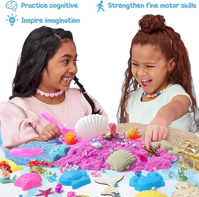 G.C Sensory Bin for Girl Kid Toy, Play Sand Art Kit 108pcs with Sandbox, 2lb Color Sand, 6 Castle Molds, Tactile Sensory Toy Christmas Birthday Gift for Girl Toddler Ages 3 4 5 6 7 8 (Mermaid)