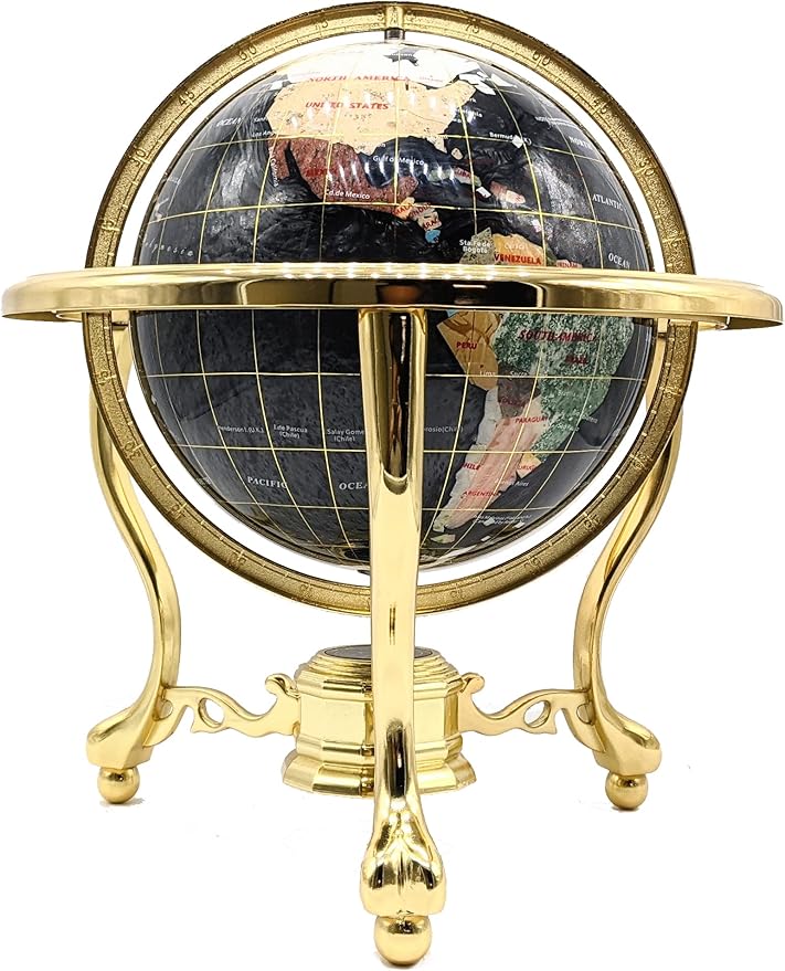 Limited Edition! Unique Art Since 1996 Black Pearl Swirl Table Top Gemstone World Globe with Tripod Gold Zinc Alloy Stand (BLACK PEARL WITH GOLD TRIPOD)