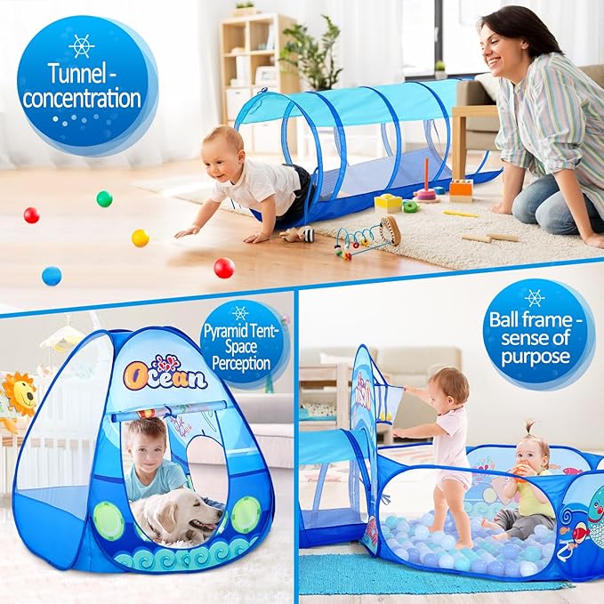 3 in 1 Kids Play Tent with Play Tunnel, Ball Pit, Projection Flashlight for Boys & Girls, Toddler Pop Up Playhouse Toy for Baby Indoor Outdoor