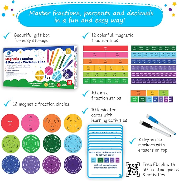 178 PSC Magnetic Fraction Tiles & Fraction Circles with Decimals & Percentages, Fraction Strips, Bars, Fraction Magnets, Fraction Manipulatives Class Set Kit, Fractions for Kids Math - Simply Magic