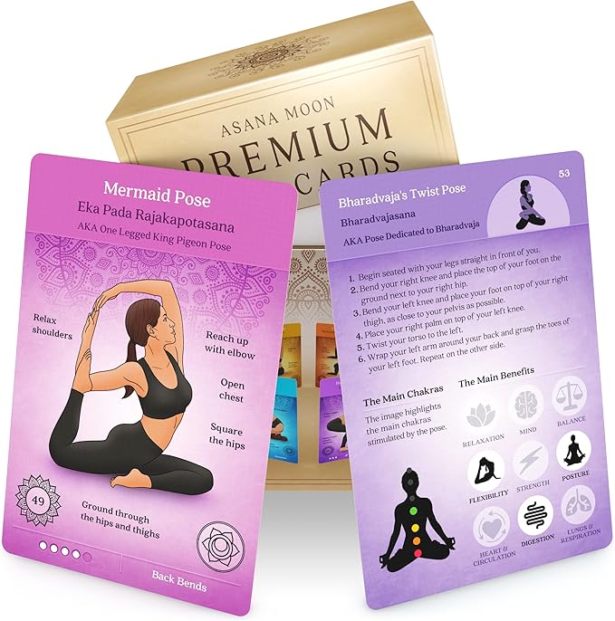 Asana Moon Premium Yoga Cards – Deck with Over 120 Yoga Poses – Yoga Sequencing Deck with Yoga Cues and Sanskrit Names for Beginners and Teachers – Unique Yoga Gift for Women or Any Yoga Lover