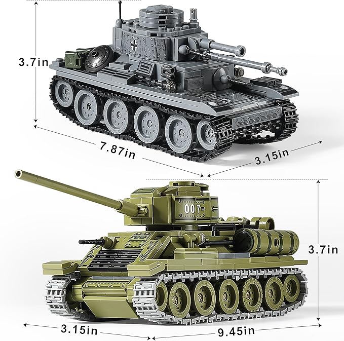 WW2 Army Tanks Toy Building Sets (1008 Pieces) Compatible with Lego, Create a Soviet T-34 & German Panzer 38(t) Tank, Great Military Model Toys Gift for Boys, Kids, and Teens Age 8+