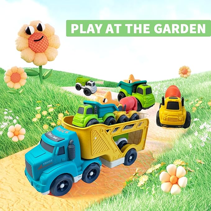 4 in 1 Toddlers Truck Toys for 1 2 3 4 Year Old, Truck Toy Set Includes Dump Truck, Garbage Truck, Mixer Cement, No BPA, Phthalates, PVC, Birthday Xmas Gifts for Toddlers,Outdoor Toys for Kid
