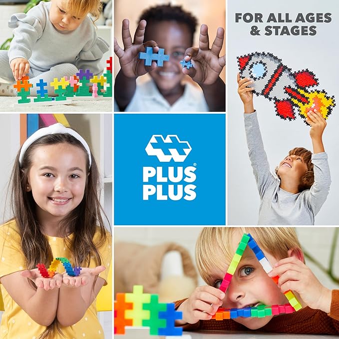 PLUS PLUS Building Set with Travel Case, 3D Open Ended Stem Toy for Kids, 100 Mini Interlocking Pieces, 1 Baseplate - Rainbow Mix