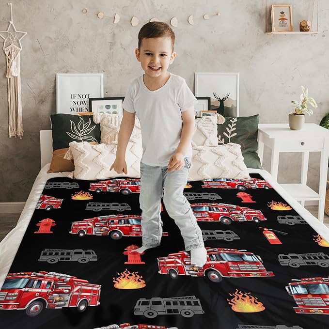 Boys Fire Truck Blankets Cute Throw Blankets Gift for Kids Adults, 50x60 Inches Lightweight Warm All Season Throw for Sofa Couch Bedroom