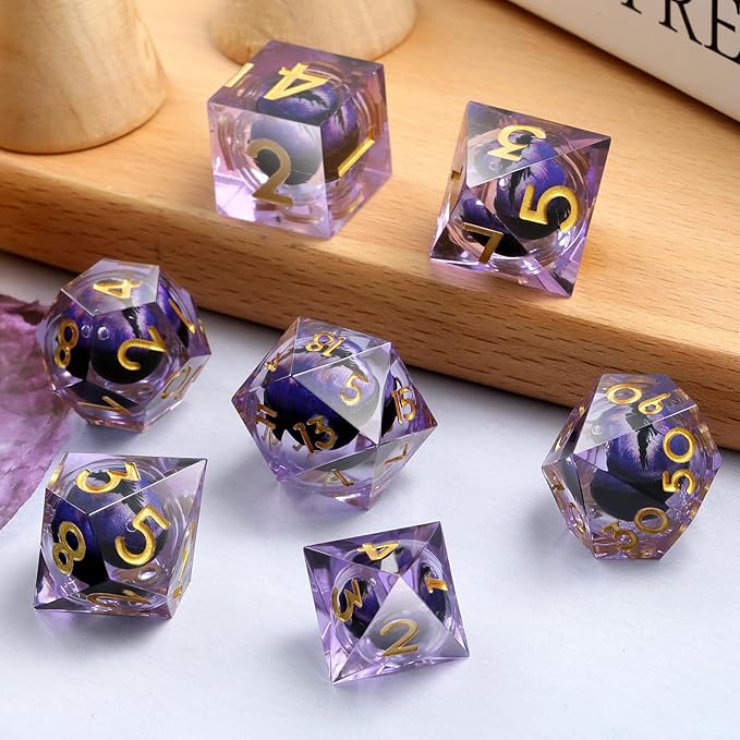 Dragon Eye Sharp Edge D&D Dice，DNDND 7PCS Resin Die with Gift Case for Dungeons and Dragon Talbel Game (Purple Dragon Eye)