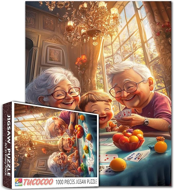 Happy Elderly Couple Playing Poker with Grandson 1000 Piece Jigsaw Puzzle for Adults Students Colorful Cards Fruit Living Room with Chandeliers Sunlight Large Windows 20×27 Inches Fun Home Decor