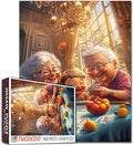 Happy Elderly Couple Playing Poker with Grandson 1000 Piece Jigsaw Puzzle for Adults Students Colorful Cards Fruit Living Room with Chandeliers Sunlight Large Windows 20×27 Inches Fun Home Decor