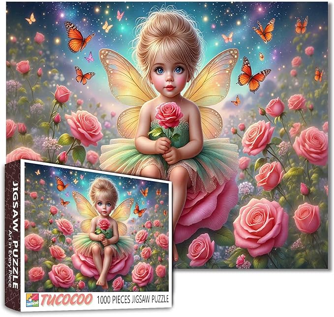 Tucocoo Rose Fairy 1000 Piece Jigsaw Puzzle for Adults, Elf Girl Sitting on Flower with Butterflies – Fantasy Puzzle for Relaxation and Stress Relief, Whimsical Magical Scene Puzzles Gift Wall Art