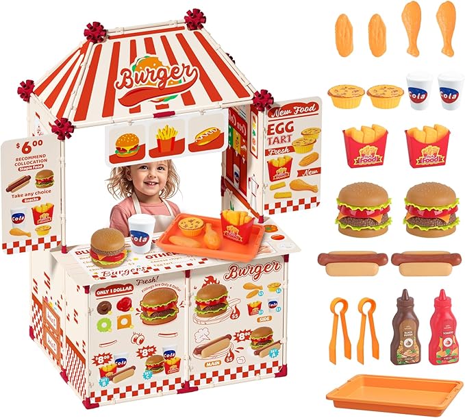 21 Pcs Toddler Hamburger Play Set, Pretend Play Cart Stall, Food Toys,with hot Dogs, Egg tarts, and Chicken Wings, for Children
