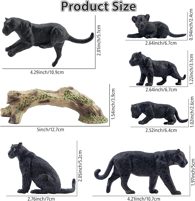 Toymany 7PCS Black Panthers Figurines with Panther Cub and Tree Trunk, Realistic Jungle Animals Figures Family Playset, Educational Toy Cake Toppers