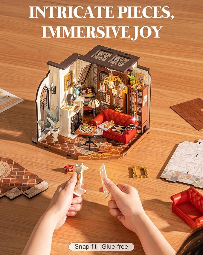 ROBOTIME DIY Miniature House Kit, Mini Dollhouse Kit, Tiny House Kit for Adults, Wooden Furniture Kit with LED, Halloween/Christmas/Birthday Gifts for Family/Friends(Catherine's Living Room)