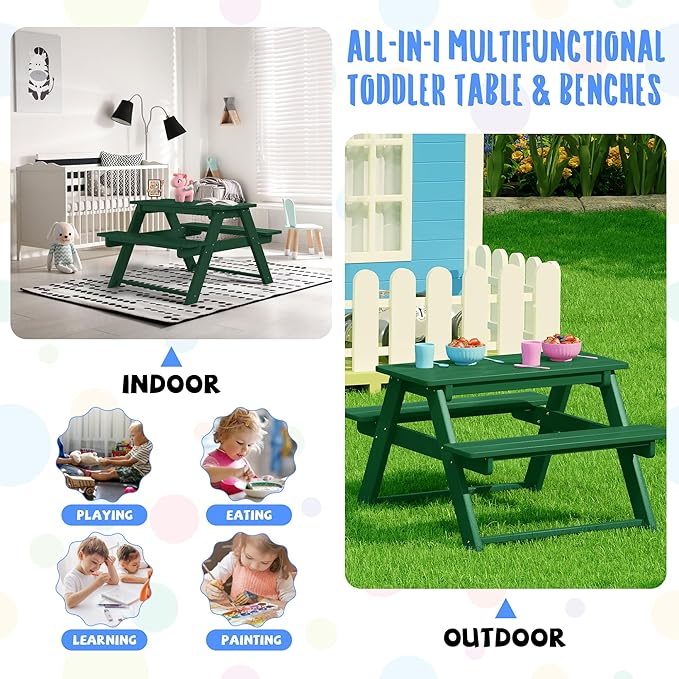 Costaelm Kids Picnic Table, HDPE All Weather Outdoor Toddler Picnic Table and Chair Set Kids Bench for Patio, Backyard, Garden, Lawn, Dark Green