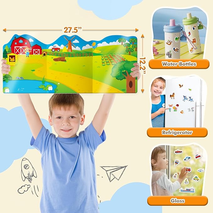 Reusable Jelly Sticker Book for Kids, 2 Sets Waterproof Sticker Books Travel Toy, Toddler Craft Activities Age 3-5-Farm Animals, Vehicles