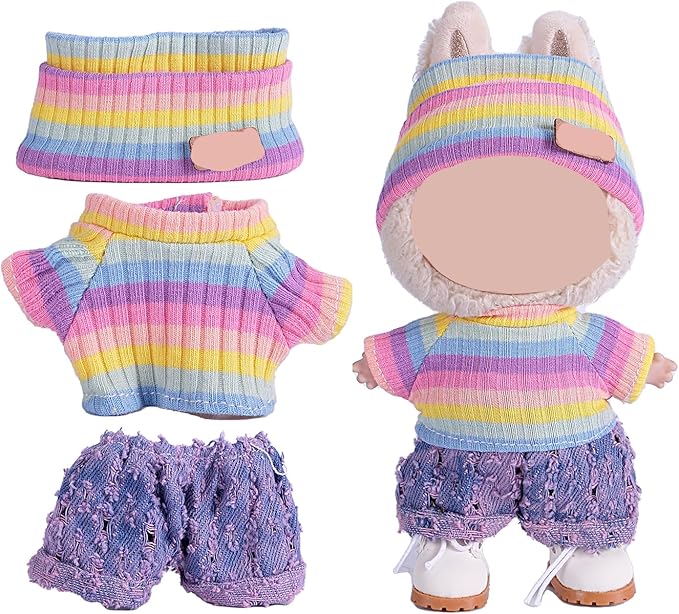 Clothes for 17cm Doll (NO Doll),Adorable Outfit ，Handcrafted Clothes Set with Dress Up ,Ropa Accessories Hat + Sweater + Pants (Rainbow + Purple)