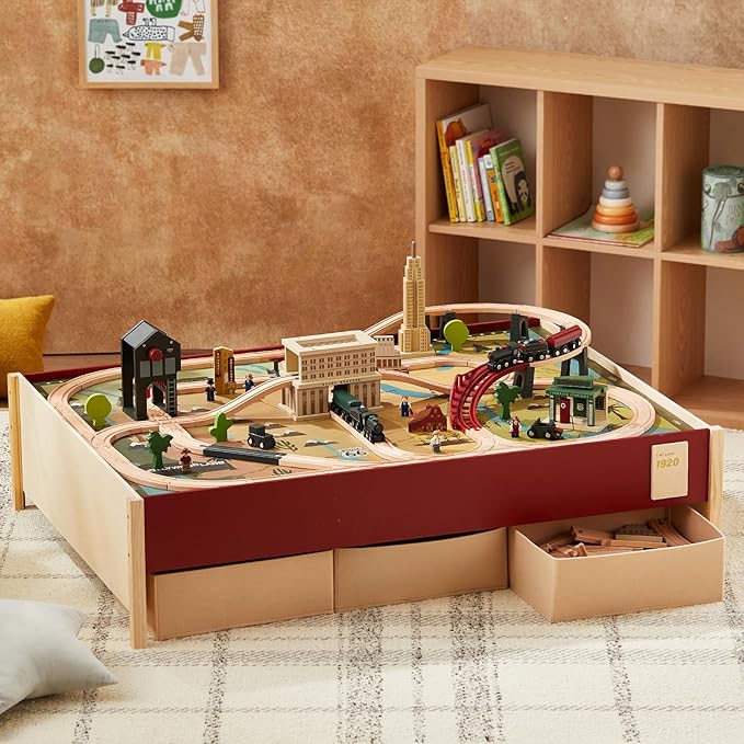 Tiny Land Large Wooden Train Table (47.9”x35.2”), 100PCS Train Set, 3 Storage Bins, Activity Playset for Kids Ages 3+