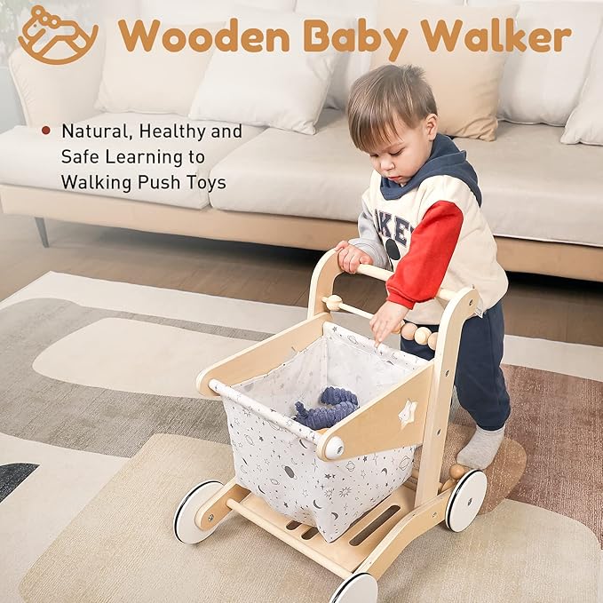 Woodtoe Wooden Baby Walker Doll Stroller | Adjustable Speed Shopping Cart for Toddlers 1-3 | Baby Push Walker - Pretend Play Grocery Cart | Natural Wood Stroller Push Toys for Babies Learning to Walk