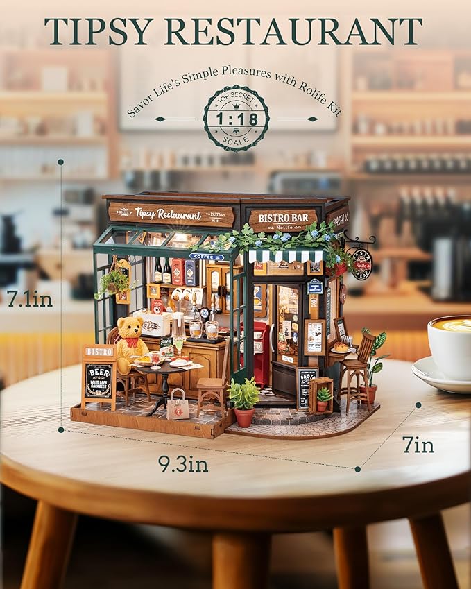 ROBOTIME DIY Tiny House Kit, Miniature House Kit for Adults to Build, Mini House Kit with Furniture, Halloween/Christmas/Birthday Gifts for Men/Women（Tipsy Restaurant）