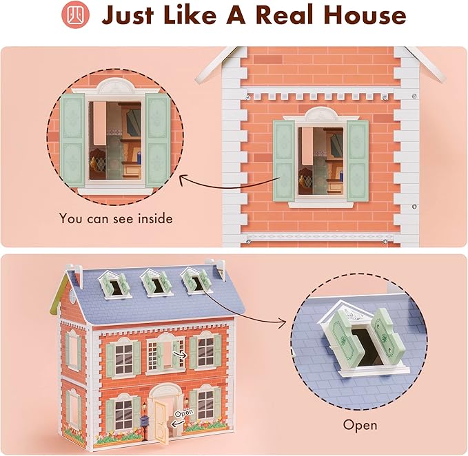 ROBUD Wooden Dollhouse for Kids Girls, Pretend Play Toy Gift for 3 4 5 6 Years Old Girls Boys