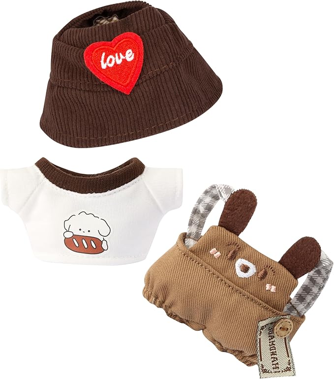 17cm Clothes for Labubu Doll - Kawaii Chic Style Set for 17cm Dolls, Cute Doll Outfit with Accessories - Brown Puppy Romper + Puppy Shirt + Heart Shaped Brown Hat (Clothes Only)