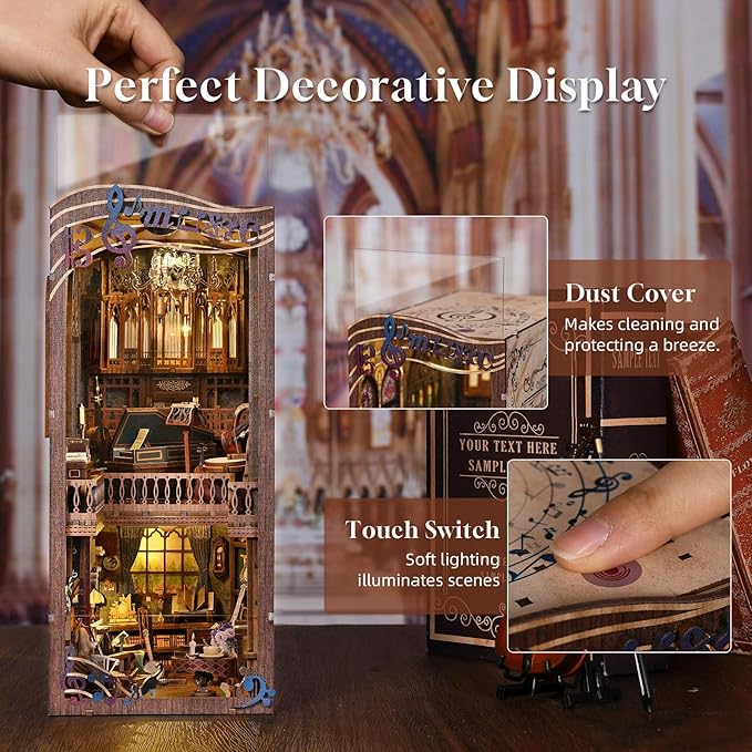 fifijoy Book Nooks, DIY Miniature Book Nook Kit Music, 3D Wooden Puzzle Bookends for Bookshelf Insert Decor with Led Light for Teens and Adults (Timeless Melody)