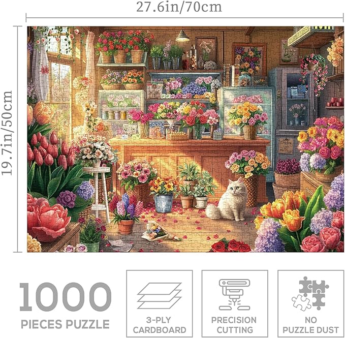 Flower Colorful Shop Puzzle 1000 Pieces for Adults, Spring Floral Plant Cabin Jigsaw Puzzle, Vintage Garden Cat Nature Puzzles