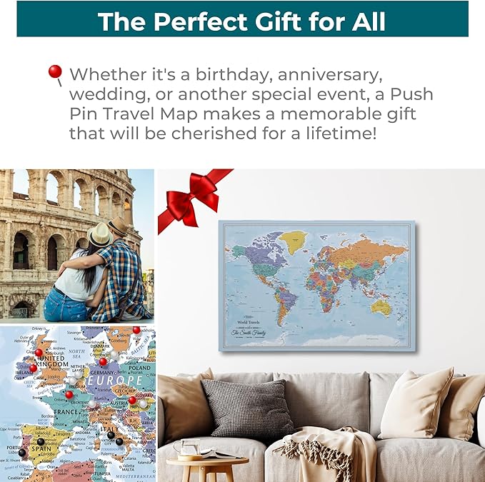 Gallery Wrapped - Blue Oceans World Push Pin Travel Map with pins