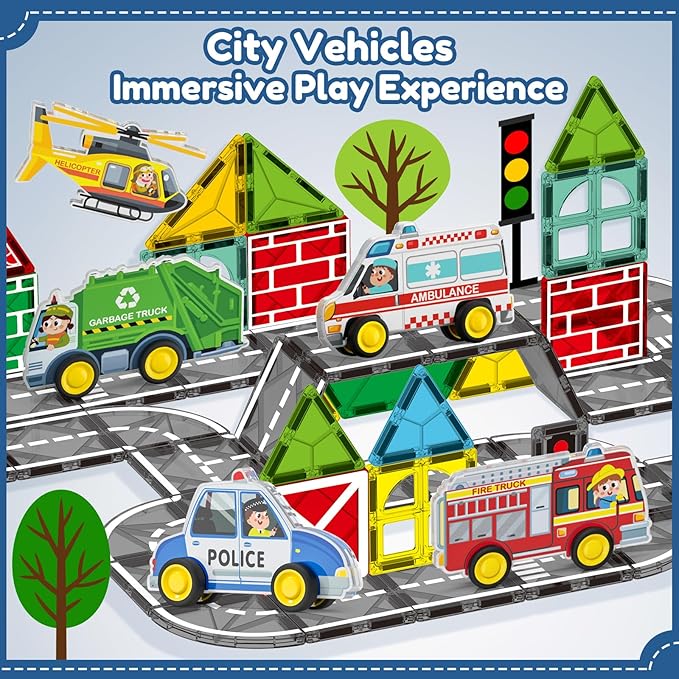Oriate Rolling City Vehicle for Magnetic Tiles, Free Wheels Rescue Toy Cars Compatible with Road Magnet Tiles, Car Toys for Kids Urban Road Traffic Magnetic Tiles Toys, Educational Gift Boys Girls