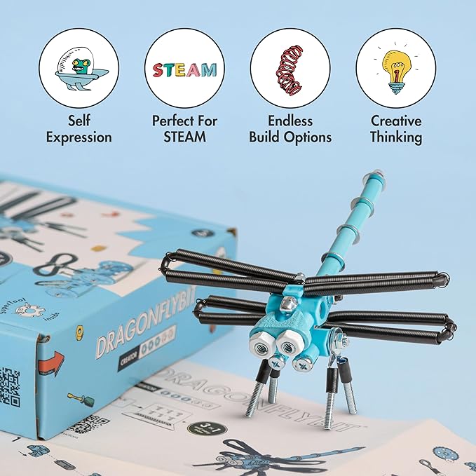 The Off Bits Erector Set: Animal Mini STEM Toys for Kids 6+, Toy Building Sets with Nuts & Bolts, STEM Building Toys Gifts for Boys and Girls (Blue Dragonfy)