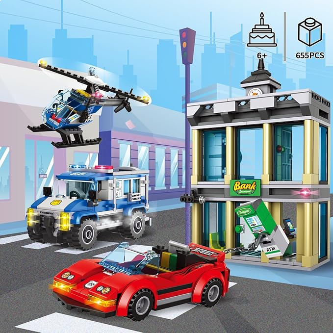 City Police Bank Building Sets, Compatible with Lego Police Bank, Includes Car, Bank, Helicopter, Police Chase Building Blocks Toy Set Gift for Kids 6 Plus Years Old（655 PCS）