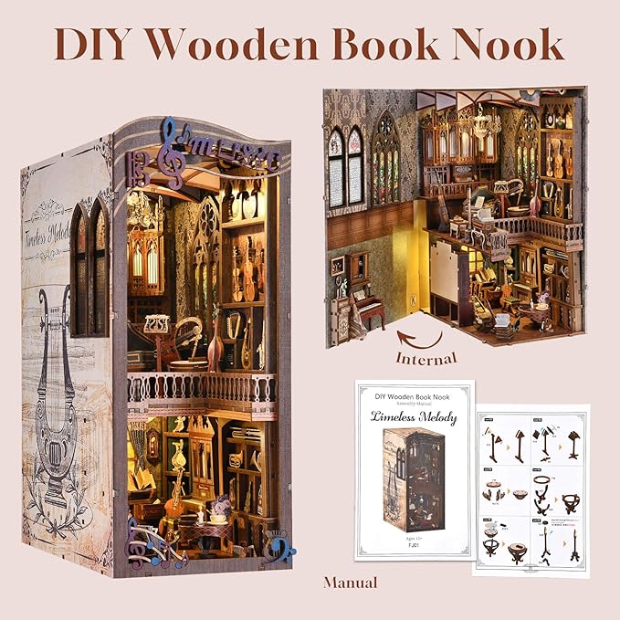 fifijoy Book Nooks, DIY Miniature Book Nook Kit Music, 3D Wooden Puzzle Bookends for Bookshelf Insert Decor with Led Light for Teens and Adults (Timeless Melody)
