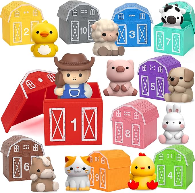 Learning Toys for 1,2,3 Year Old Toddlers, 20Pcs Farm Animals Barn Toy Montessori Counting, Matching & Sorting Fine Motor Games, Christmas Birthday Easter Gift for Baby Boys Girls Age 12-18 Months