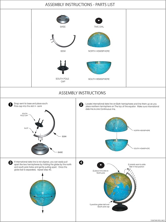 Replogle Ready to Assemble World 12" Diameter Globe, USA Cartography, Modern Acrylic Stand and Blue Ocean. Easy to assemble globe that shows Political borders and provincial borders, major ocean currents, detailed lakes, rivers, tributaries and canals.