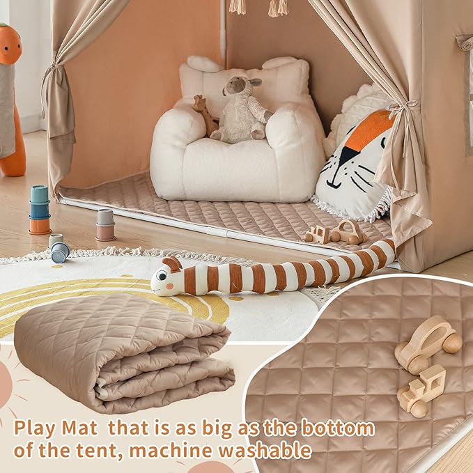 Kids Play Tent with Mat, Large Playhouse Tent Indoor, Kids Castle Tent for Girls Boys, Play Cottage (Khaki)