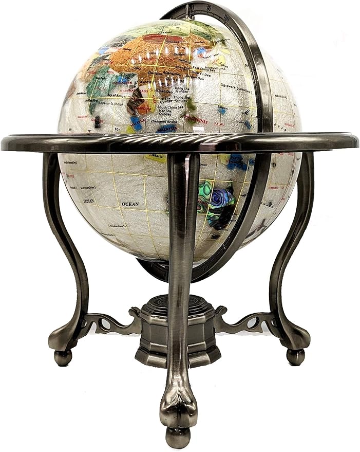 Limited Edition! Unique Art Since 1996 Pearl Swirl Table Top Gemstone World Globe with Tripod Silver Zinc Alloy Stand (220MM/9 INCHES/Pearl Ocean/Silver)